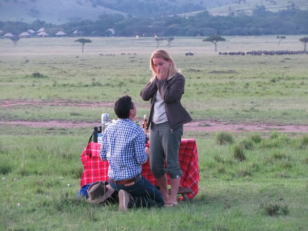 Family safari specialists - Mike and Tess proposal photo Masai Mara Kenya safari
